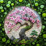 8" Cherry Blossom Tree Faux Stained Glass Suncatcher Floral Window Decor
