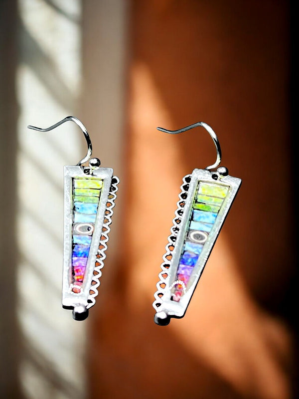 Rainbow Inlay Bar Earrings 1in | Silver Tone Geometric Dangle Hooks