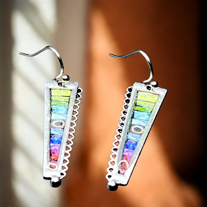 Rainbow Inlay Bar Earrings 1in | Silver Tone Geometric Dangle Hooks
