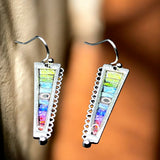 Rainbow Inlay Bar Earrings 1in | Silver Tone Geometric Dangle Hooks