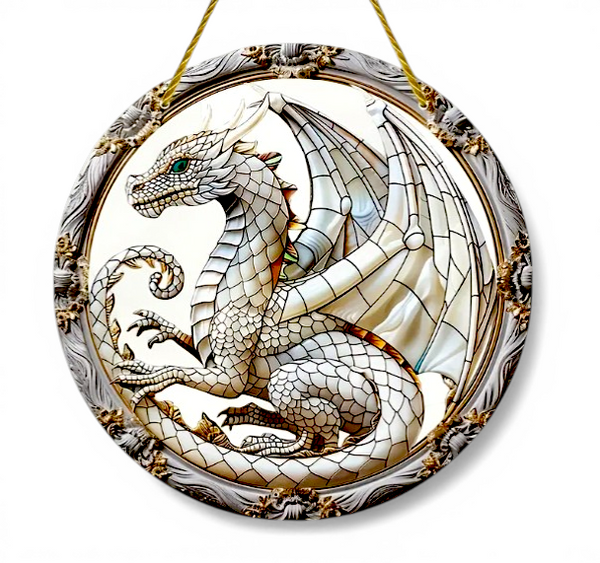 White Dragon Suncatcher 8” Faux Stained Glass Fantasy Window Hanging Decor