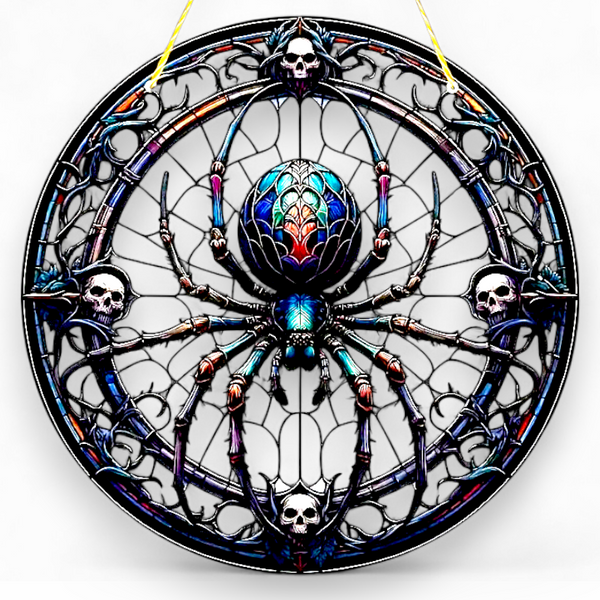 Gothic Spider Suncatcher 9" Stained Glass Style Window Hanging with Skulls Decor