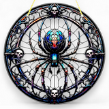 Gothic Spider Suncatcher 9" Stained Glass Style Window Hanging with Skulls Decor