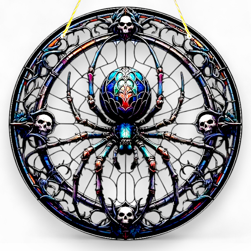 Gothic Spider Suncatcher 9" Stained Glass Style Window Hanging with Skulls Decor