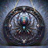 Gothic Spider Suncatcher 9" Stained Glass Style Window Hanging with Skulls Decor