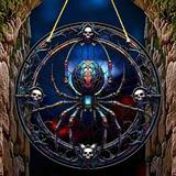 Gothic Spider Suncatcher 9" Stained Glass Style Window Hanging with Skulls Decor