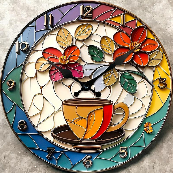 Coffee Cup Wall Clock 10” Silent Wooden Veneer Stained Glass Style Home Decor