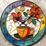 Coffee Cup Wall Clock 10” Silent Wooden Veneer Stained Glass Style Home Decor