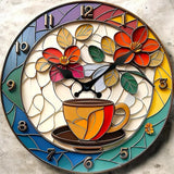 Coffee Cup Wall Clock 10” Silent Wooden Veneer Stained Glass Style Home Decor