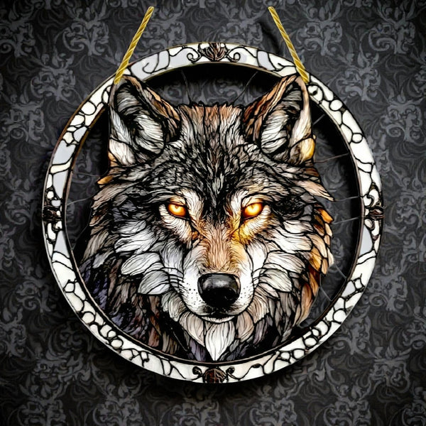 Wolf Faux Stained Glass 8" Suncatcher 2D Flat Acrylic Window Panel Decor