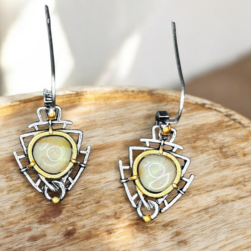 Cream Glass Bead Spider Earrings Silver Gold Tone 1" Gothic Boho