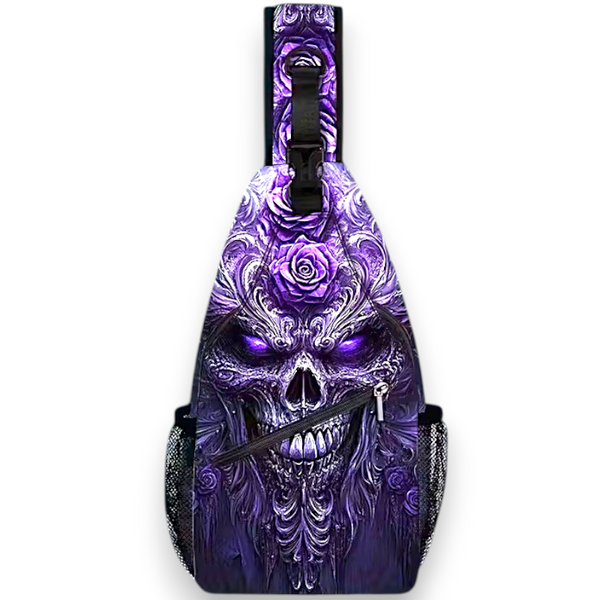 Purple Gothic Skull Sling Bag 15" Crossbody Chest Backpack with Pockets