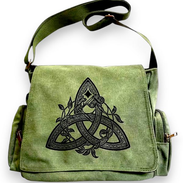 Celtic Triquetra Canvas Messenger Bag Olive Green Crossbody Satchel Unisex