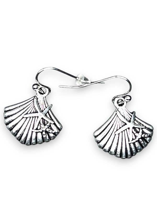 Sterling Silver Scallop Shell Dangle Earrings Nautical Ocean Beach Style