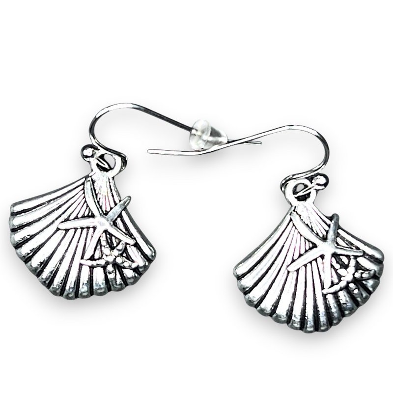 Sterling Silver Scallop Shell Dangle Earrings Nautical Ocean Beach Style
