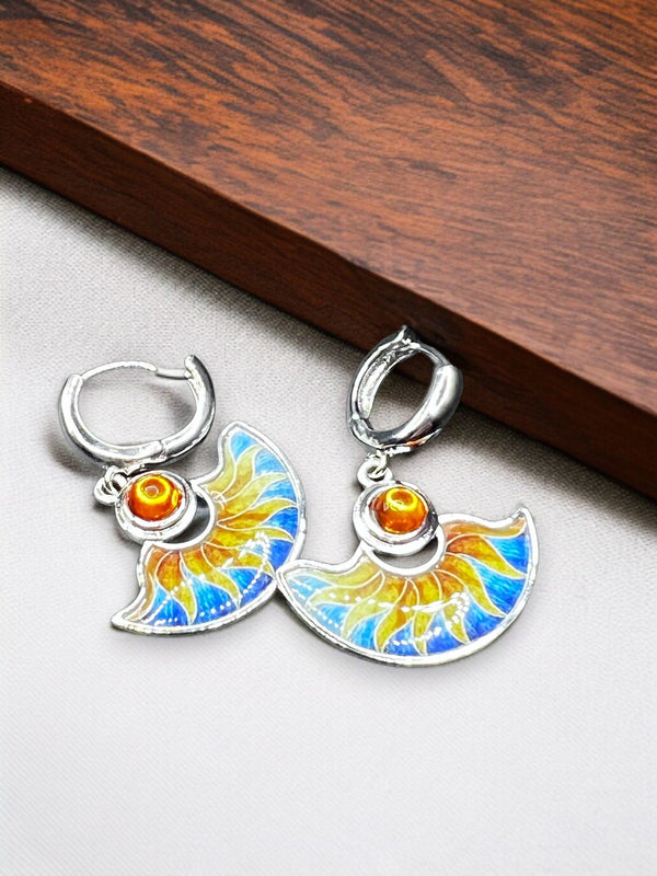 Colorful Fan Dangle Earrings Silver Tone 1" Art Glass Boho Style