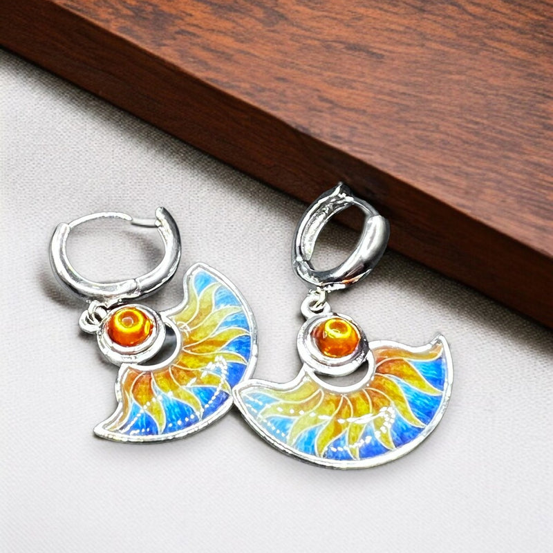 Colorful Fan Dangle Earrings Silver Tone 1" Art Glass Boho Style
