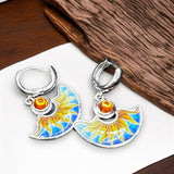 Colorful Fan Dangle Earrings Silver Tone 1" Art Glass Boho Style