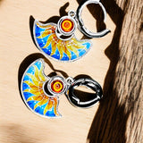 Colorful Fan Dangle Earrings Silver Tone 1" Art Glass Boho Style