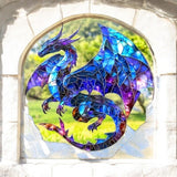 Blue Purple Dragon Suncatcher 8” Faux Stained Glass Fantasy Window Decor