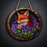 Fox Flower Suncatcher Faux Stained Glass Window Hanging 8" Decor Gift