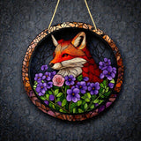 Fox Flower Suncatcher Faux Stained Glass Window Hanging 8" Decor Gift