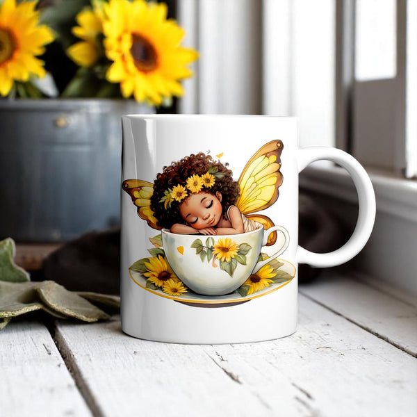 Sunflower Fairy Teacup Mug – Black Fairy Art | 11oz 15oz Dishwasher Safe