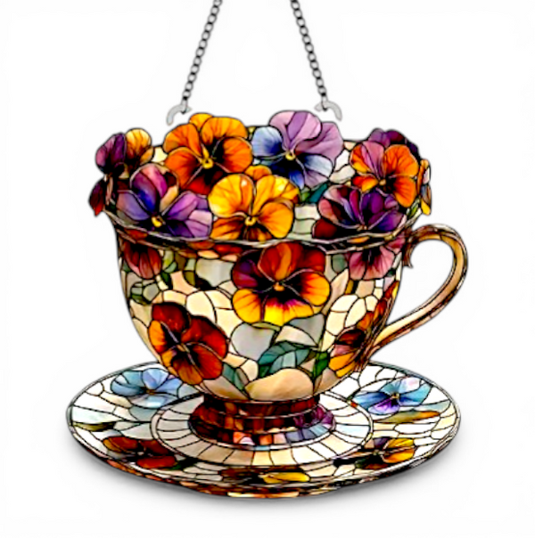 8" Floral Teacup Faux Stained Glass Suncatcher Tea Cup Window Hanging
