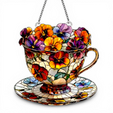 8" Floral Teacup Faux Stained Glass Suncatcher Tea Cup Window Hanging