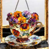 8" Floral Teacup Faux Stained Glass Suncatcher Tea Cup Window Hanging