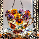 8" Floral Teacup Faux Stained Glass Suncatcher Tea Cup Window Hanging