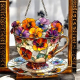8" Floral Teacup Faux Stained Glass Suncatcher Tea Cup Window Hanging