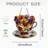 8" Floral Teacup Faux Stained Glass Suncatcher Tea Cup Window Hanging