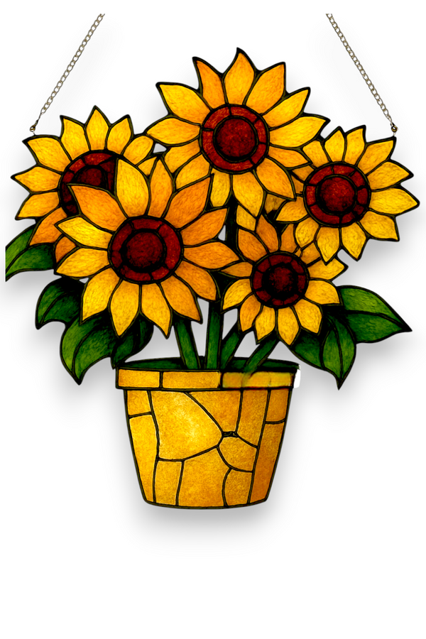 Sunflower Bouquet Suncatcher 2D Faux Stained Glass Acrylic Panel 9x8 Inches