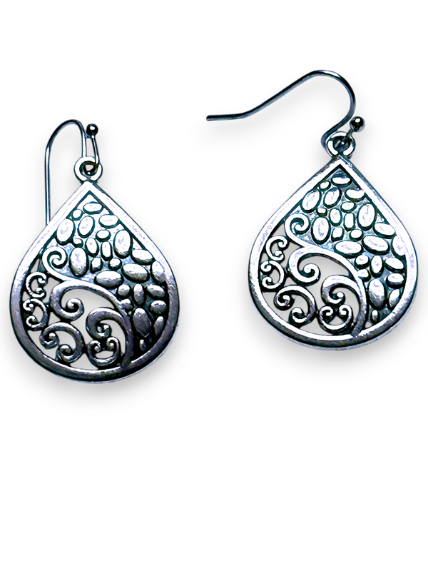 2" Silver Teardrop Filigree Earrings Boho Gothic Dangle Statement Jewelry