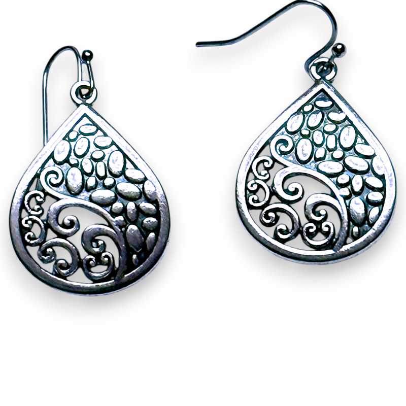 2" Silver Teardrop Filigree Earrings Boho Gothic Dangle Statement Jewelry