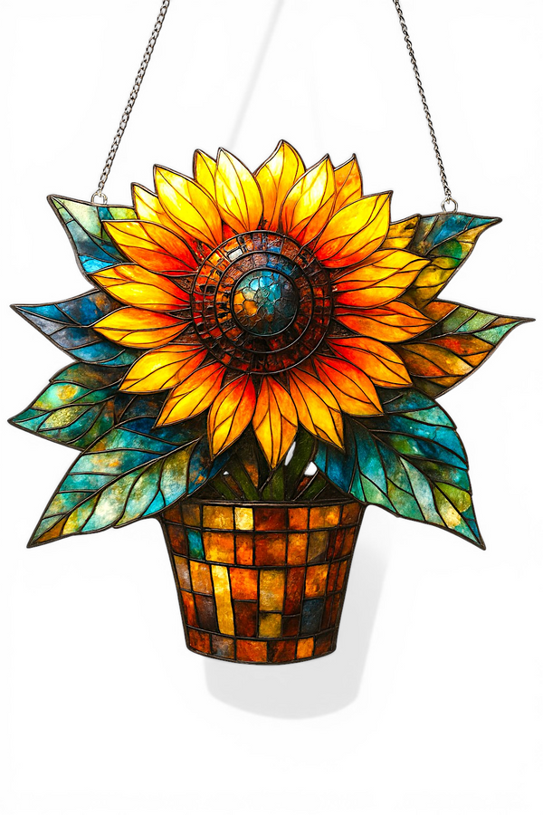 Sunflower Pot Suncatcher Faux Stained Glass Window Hanging Floral Decor