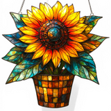 Sunflower Pot Suncatcher Faux Stained Glass Window Hanging Floral Decor