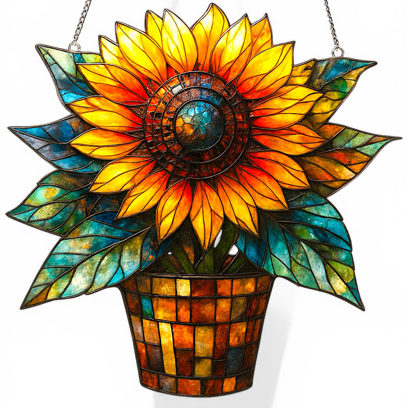 Sunflower Pot Suncatcher Faux Stained Glass Window Hanging Floral Decor