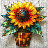 Sunflower Pot Suncatcher Faux Stained Glass Window Hanging Floral Decor