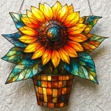 Sunflower Pot Suncatcher Faux Stained Glass Window Hanging Floral Decor