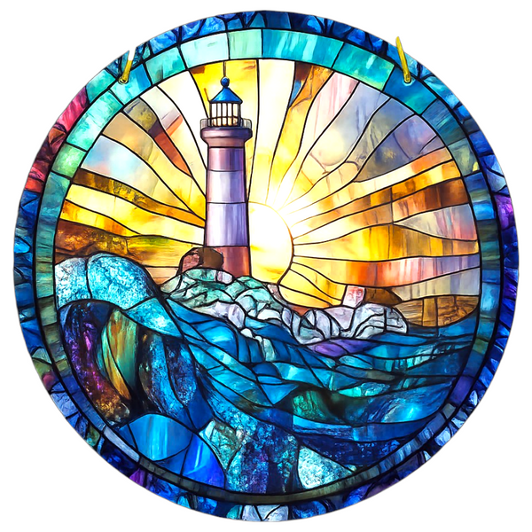 Lighthouse Stained Glass Style Sun Catcher 8” Coastal Window Hanging Beach Decor