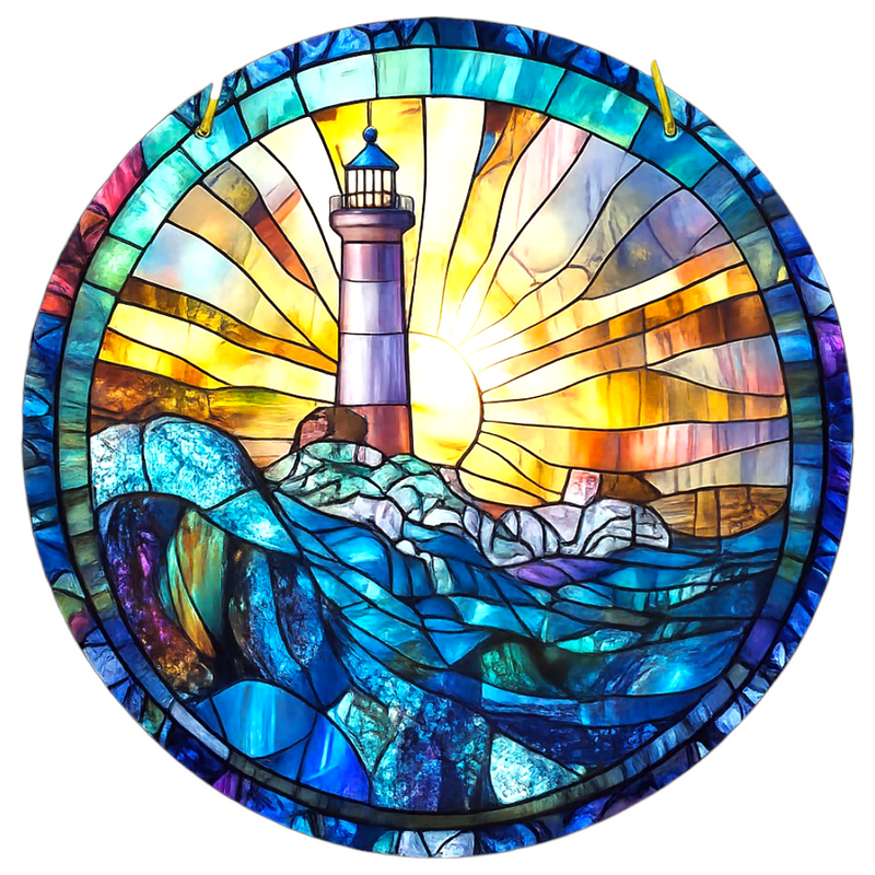 Lighthouse Stained Glass Style Sun Catcher 8” Coastal Window Hanging Beach Decor