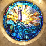 Lighthouse Stained Glass Style Sun Catcher 8” Coastal Window Hanging Beach Decor