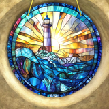 Lighthouse Stained Glass Style Sun Catcher 8” Coastal Window Hanging Beach Decor