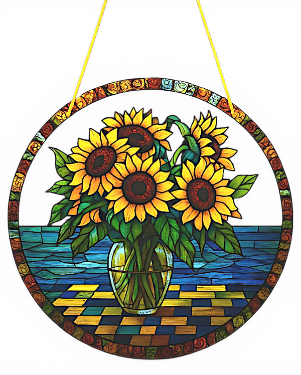 Sunflower Suncatcher Faux Stained Glass 8 Inch Window Decor Floral Gift