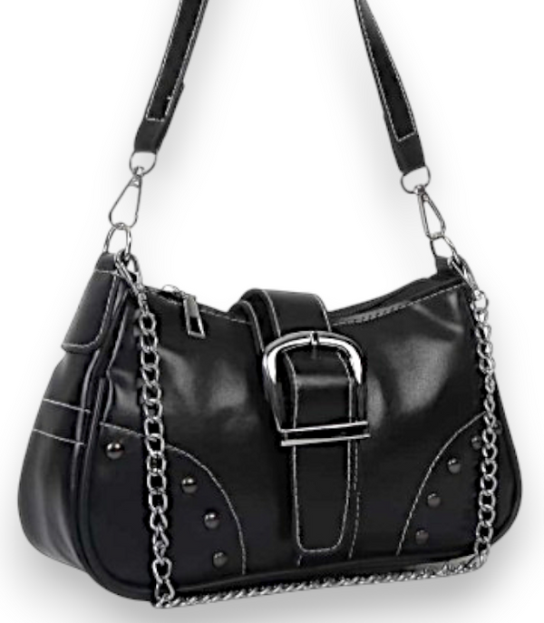 Women's Black Studded Chain Shoulder Bag Silver Buckle Moto Biker Purse NEW