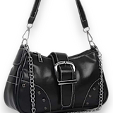 Women's Black Studded Chain Shoulder Bag Silver Buckle Moto Biker Purse NEW