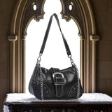 Women's Black Studded Chain Shoulder Bag Silver Buckle Moto Biker Purse NEW