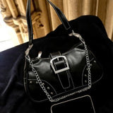 Women's Black Studded Chain Shoulder Bag Silver Buckle Moto Biker Purse NEW